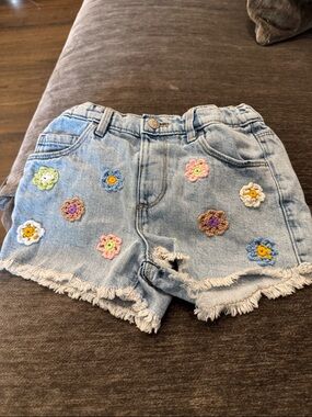 Zara Light Blue Denim Shorts with Multicolor Crocheted Flowers